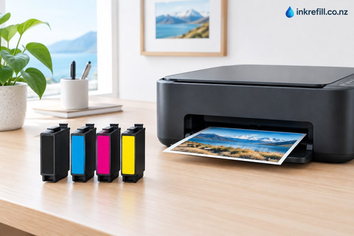 Epson 212XL black cyan magenta and yellow ink cartridges beside a printer with Inkrefill branding