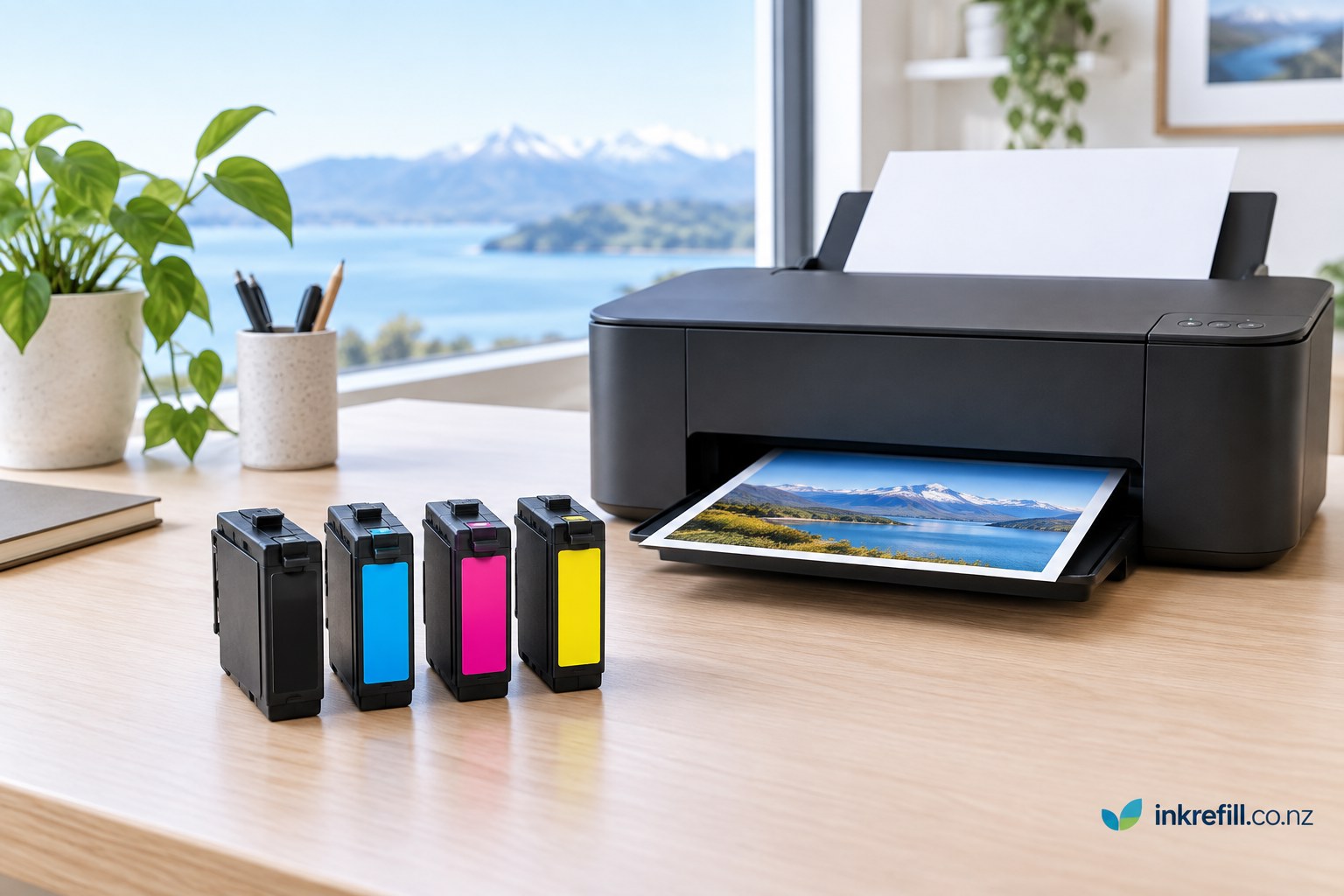 Epson 604XL black cyan magenta and yellow ink cartridges beside a printer with Inkrefill branding