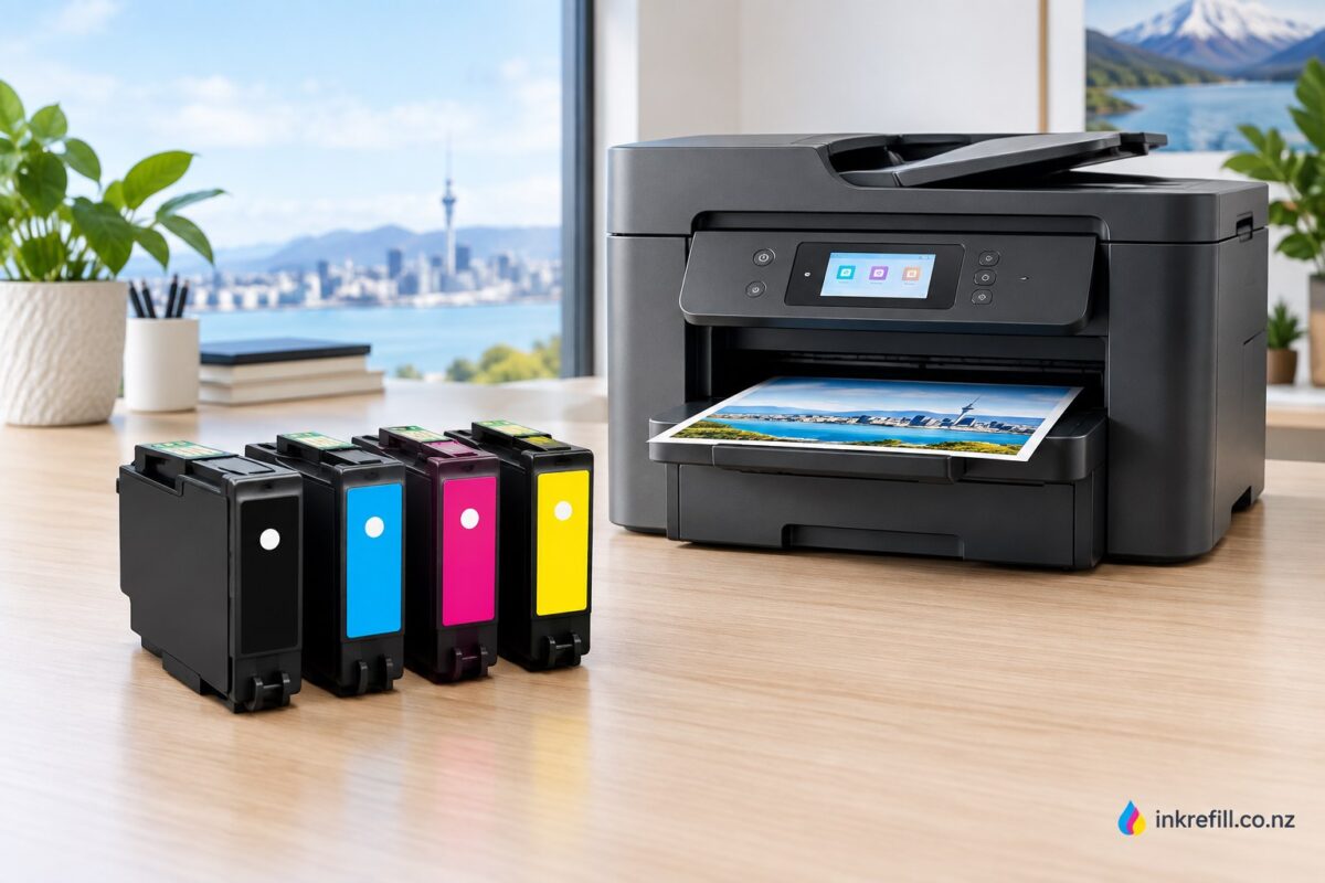 Epson 802XL black cyan magenta and yellow ink cartridges beside a WorkForce Pro printer